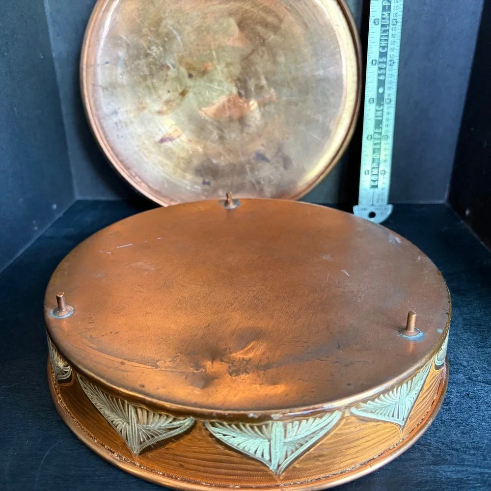 Vintage Etched Copper Trinket Box Verdigris Patina Floral Footed Keepsake 8in